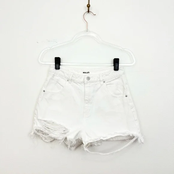 Rolla’s Dusters High Rise Distressed Denim Shorts White Size 27 Raw Hem Summer - Picture 2 of 5